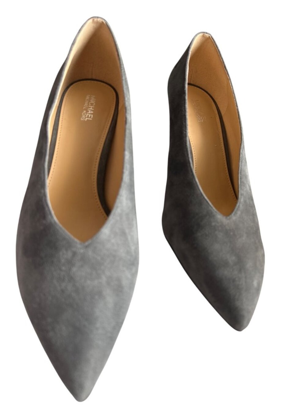 MICHAEL Michael Kors Gray Suede Heels Pointed-Toe Heels Silver Band Logo 9.5 - Picture 4 of 9